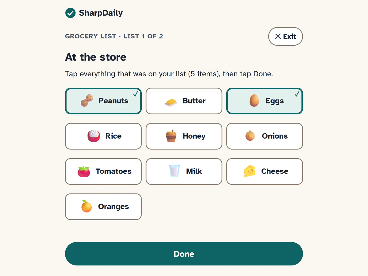 Grocery List at Level 2, at the store: ten items to choose from, with Peanuts and Eggs picked so far and a Done button below