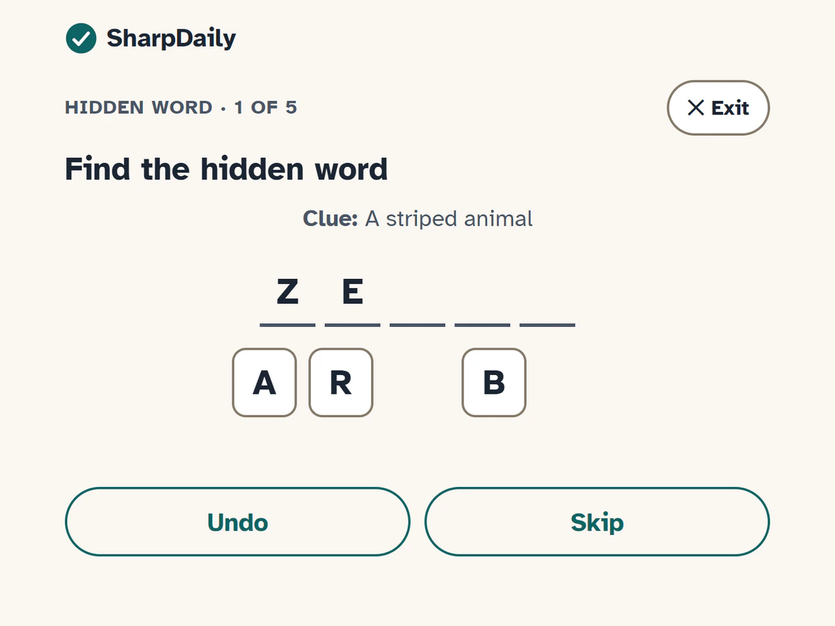 Hidden Word at Level 2: the clue A striped animal, with Z and E placed and the tiles A, R and B left, above Undo and Skip buttons