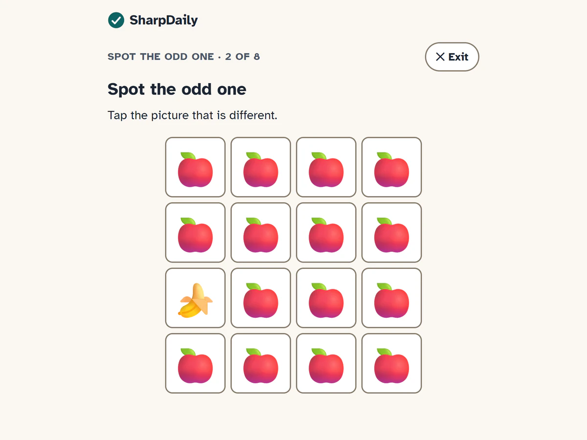 Spot the Odd One at Level 2, round 2 of 8: a 4-by-4 grid of apples with one banana among them