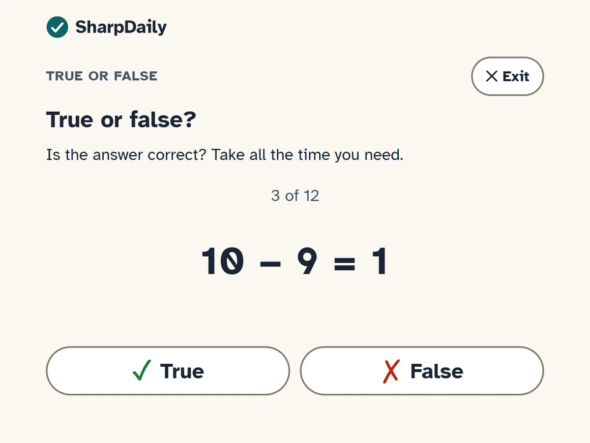 True or False at Level 2, sum 3 of 12: 10 − 9 = 1 in large type, with a True button and a False button