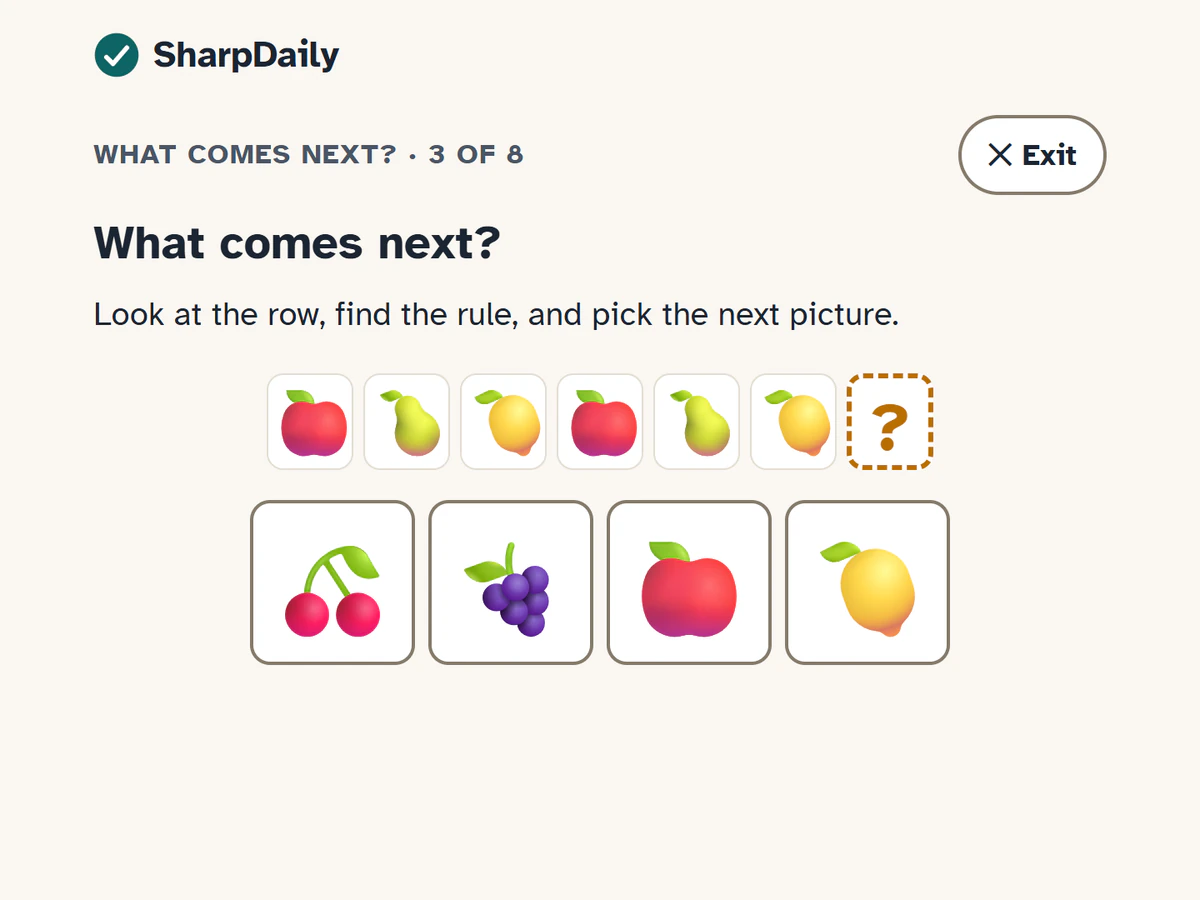 What Comes Next? at Level 2, question 3 of 8: apple, pear, lemon, apple, pear, lemon, then a question mark, with cherries, grapes, an apple and a lemon to pick from