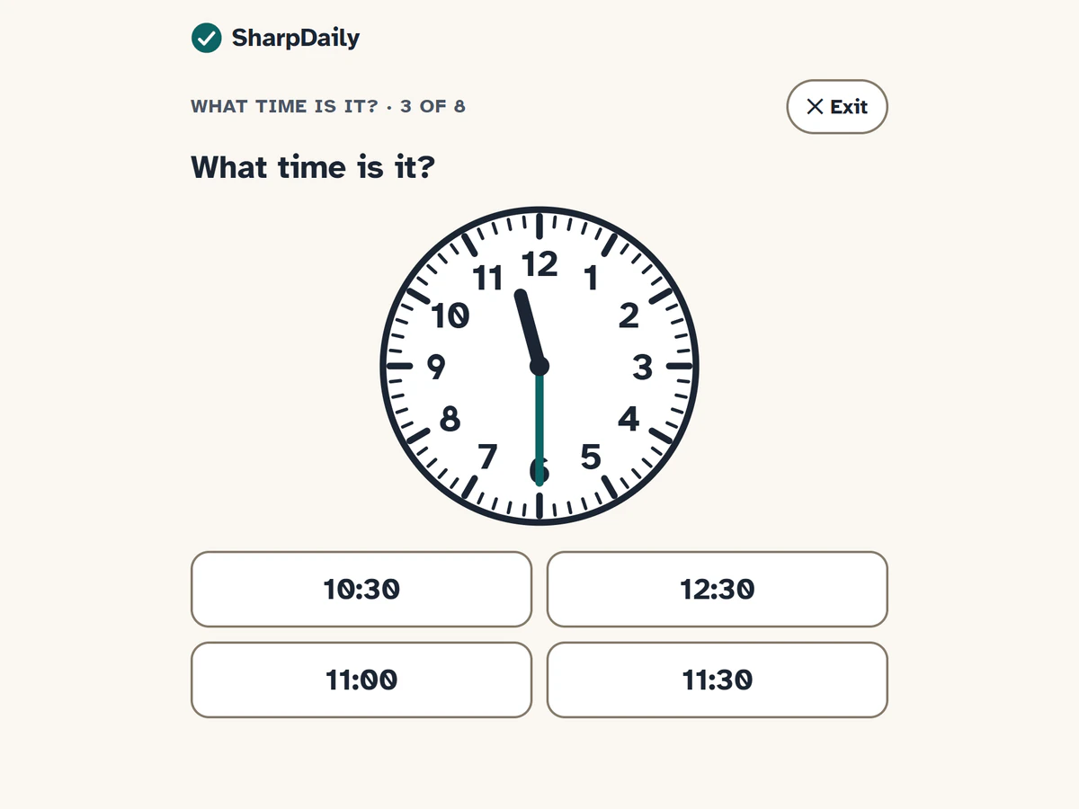What Time Is It? at Level 2, question 3 of 8: a clock face showing 11:30, with four times to choose from: 10:30, 12:30, 11:00 and 11:30