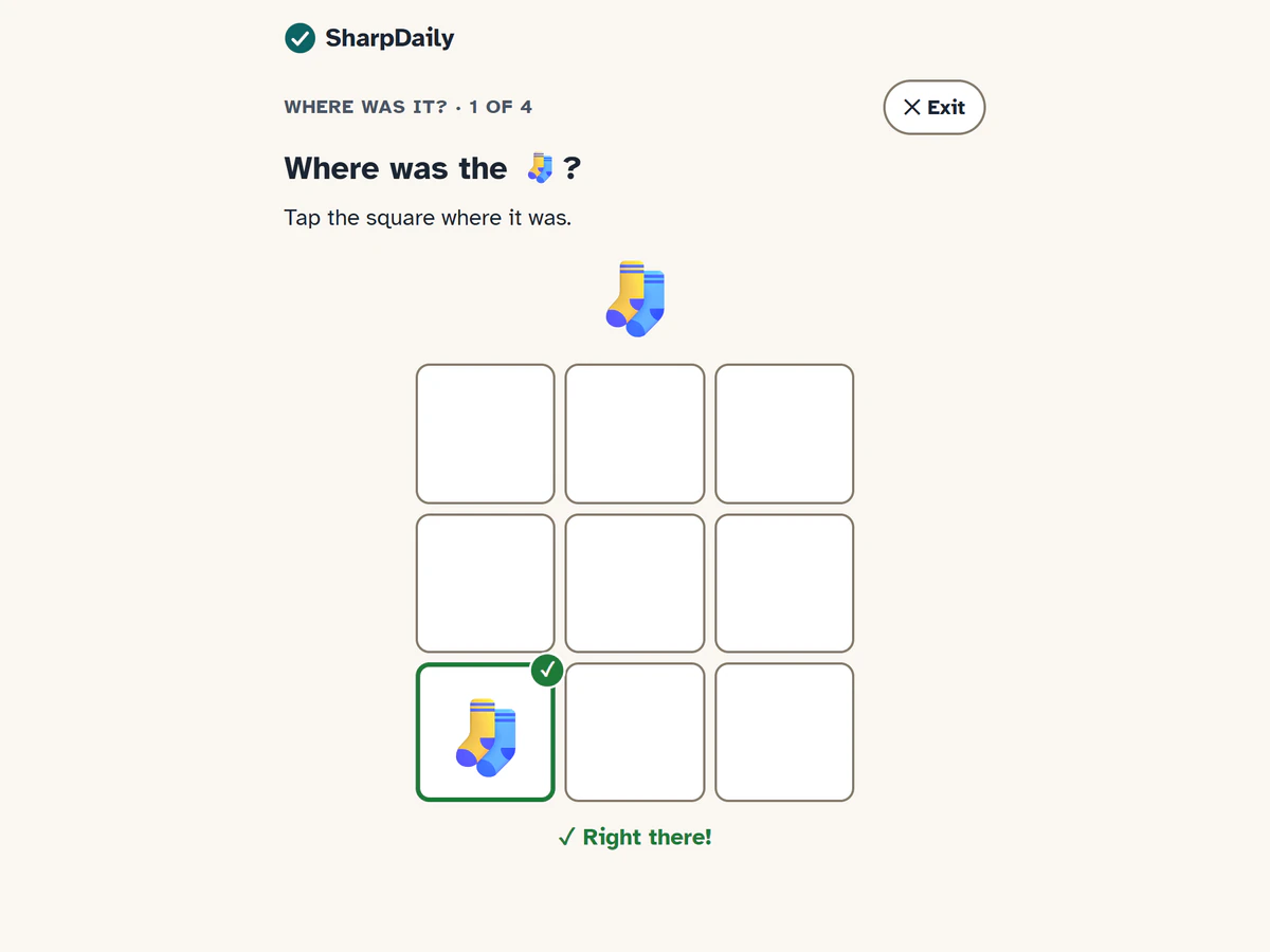 Where Was It? at Level 2, question 1 of 4: the socks found in the bottom-left square of a 3-by-3 board, marked with a check and the words Right there