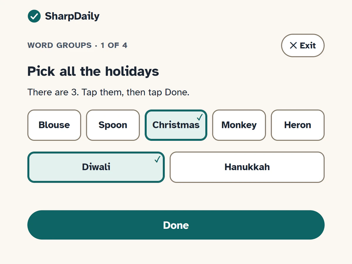 Word Groups at Level 2, group 1 of 4: Pick all the holidays, with Christmas and Diwali picked among Blouse, Spoon, Monkey, Heron and Hanukkah