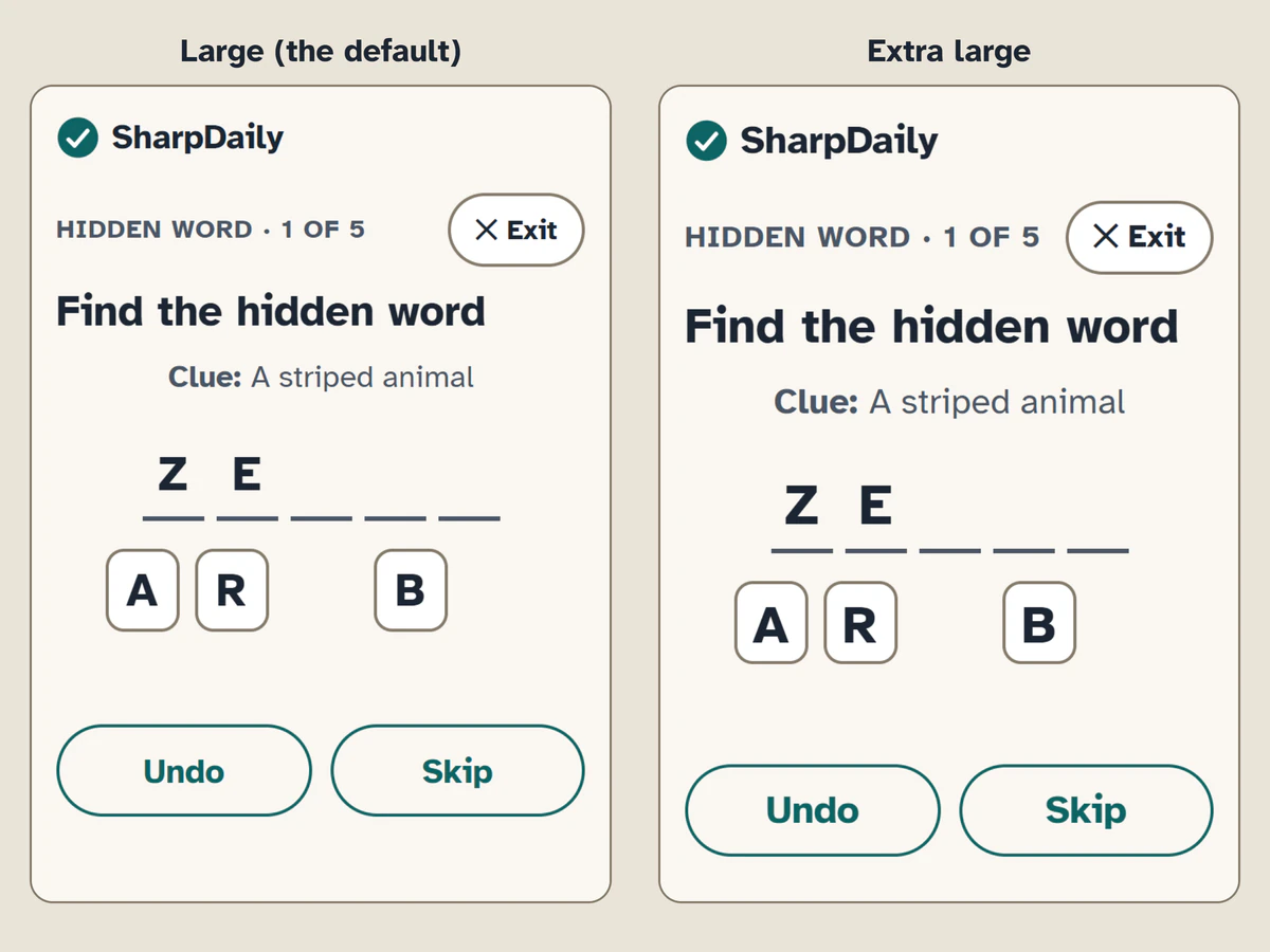 The same Hidden Word puzzle at both of SharpDaily's text sizes, side by side at phone width: Large, the default, and Extra large