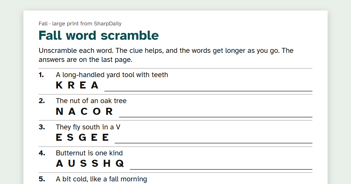 The top of page 1 of the large-print Fall word scramble: the title, the instructions and the first clues, starting with A long-handled yard tool with teeth above the letters K R E A
