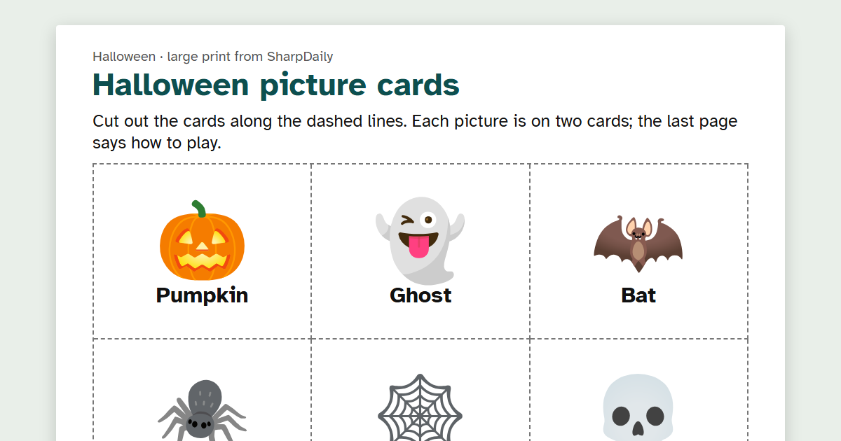 The top of page 1 of the Halloween picture cards to print and cut out: big cards with a picture and its name, starting with Pumpkin, Ghost and Bat