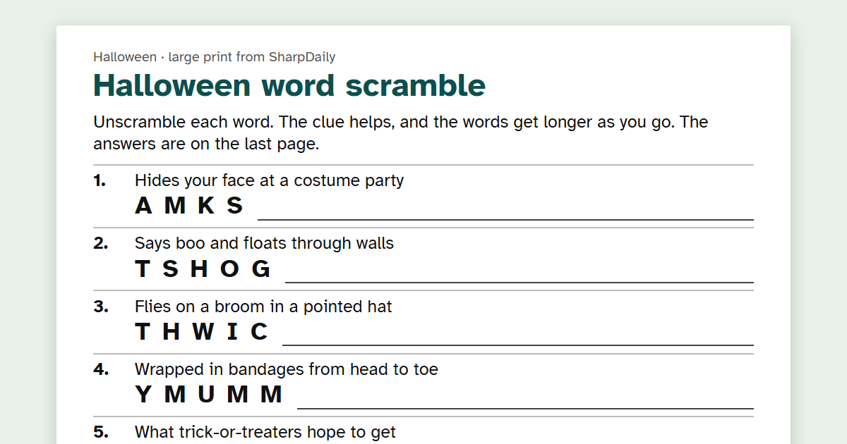 The top of page 1 of the large-print Halloween word scramble: the title, the instructions and the first clues, starting with Hides your face at a costume party above the letters A M K S